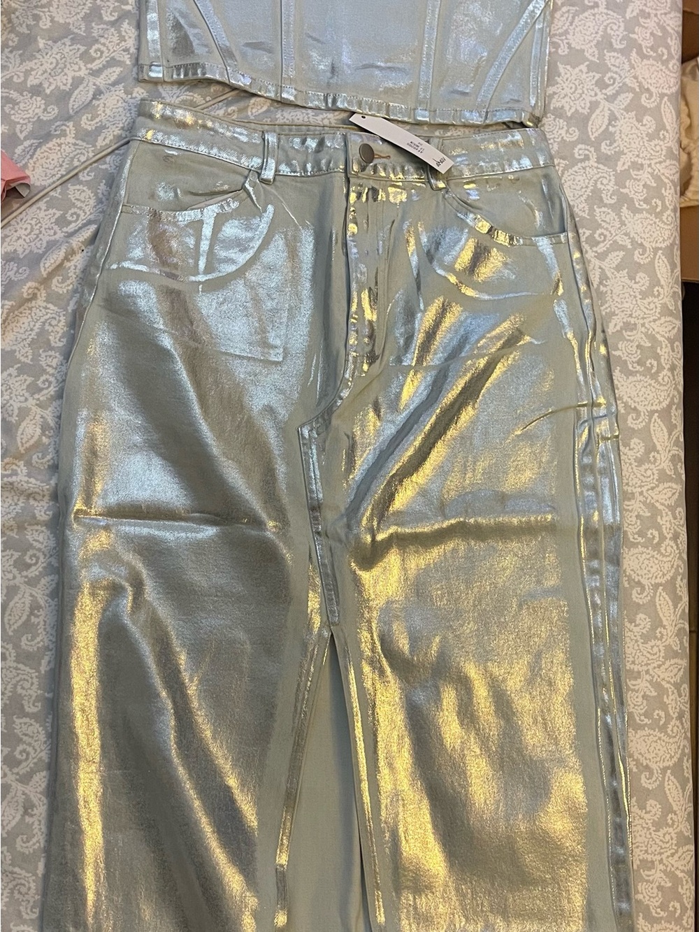 Akaiv-Metallic Column Skirt and Tube Top- Light Denim